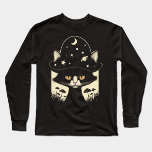 Cottagecore Aesthetic Cat Mushrooms, Moon, Stars Women Kids Long Sleeve T-Shirt